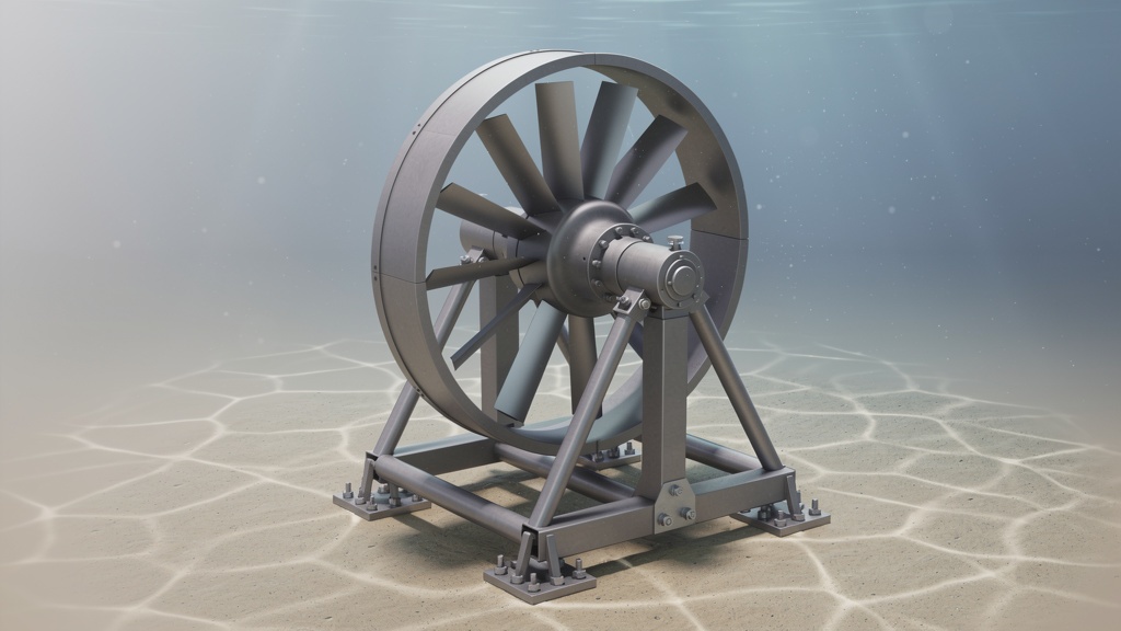 3D rendering of a slow-spinning underwater ocean current turbine mounted on a steel frame.
