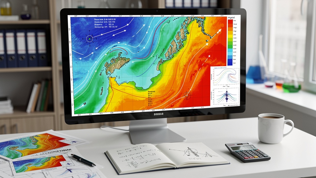 A research desk with a large computer display showing a coloured, layered energy-resource map overlaid on an ocean region.