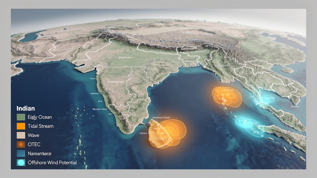Stylised map showing India surrounded by the blue Indian Ocean with glowing energy-resource hotspots along the coasts and at island chains.