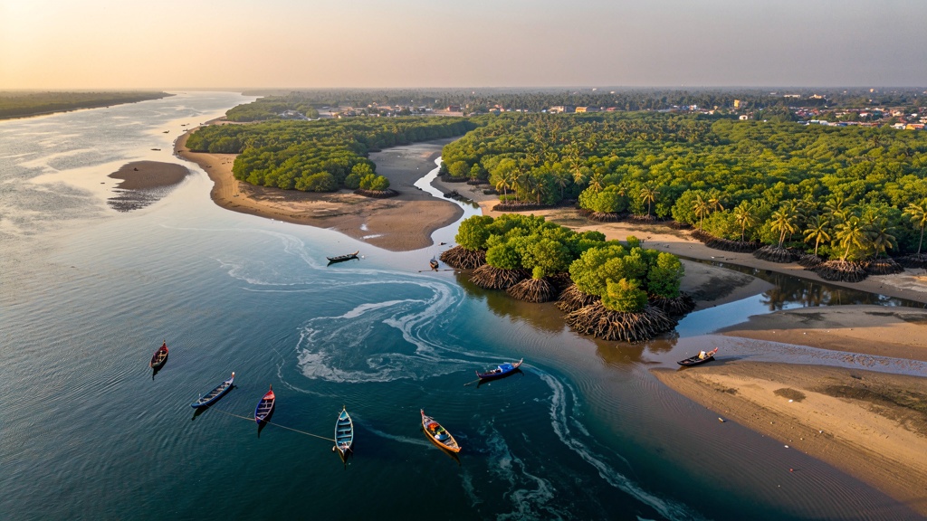 Aerial photograph of a wide tropical estuary in Andhra Pradesh where river freshwater meets blue seawater, with mangrove strips and small fishing boats.