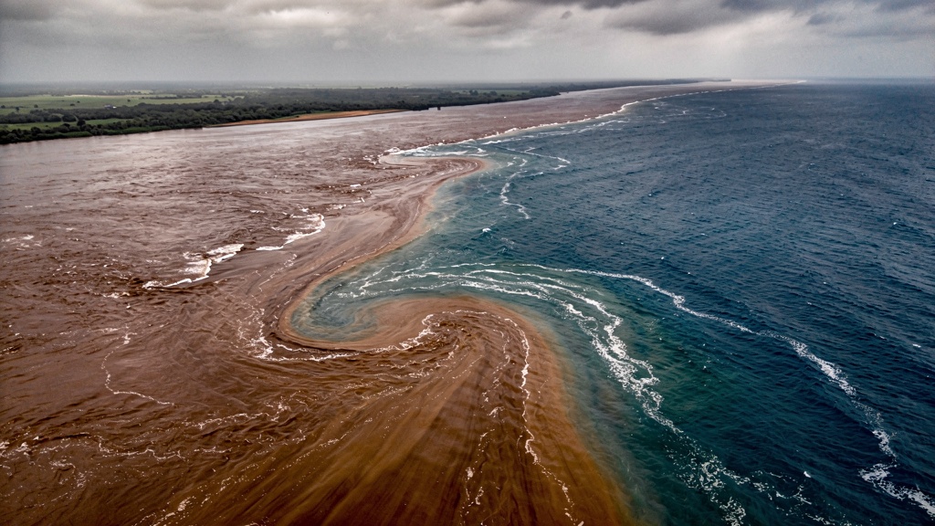 Moody photograph where a large river’s brown freshwater meets blue seawater along the Indian coast, with strong colour contrast.