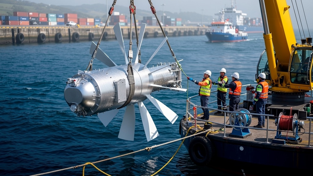 An underwater tidal stream turbine being lowered into the sea from a small crane barge.